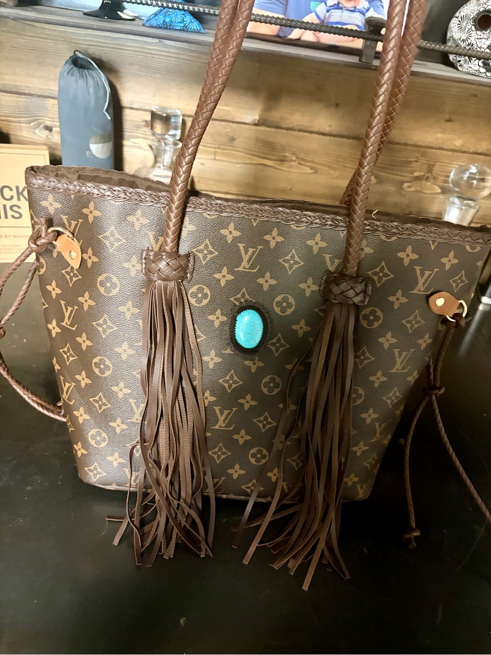 Designer inspired Brown fringe Monogram Tote with Turquoise Accent